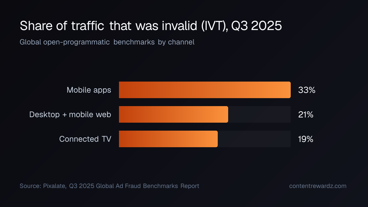 Bar chart: Pixalate estimated invalid traffic in Q3 2025 at 33% on mobile apps, 21% on desktop and mobile web, and 19% on connected TV